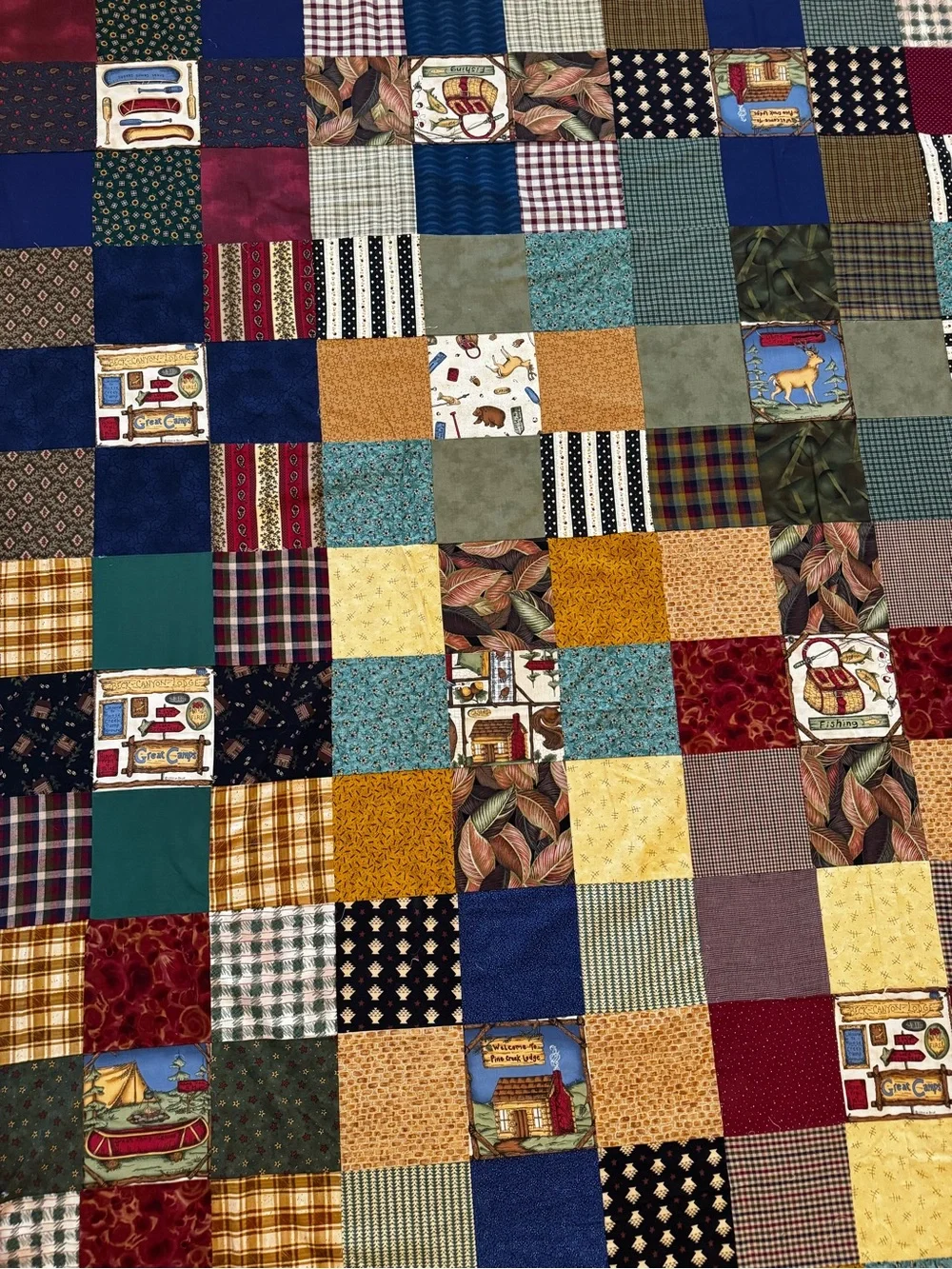 VTG 1999 Leslie Beck Cranston Print Works Queen Quilt Top Patchwork Cabin lodge